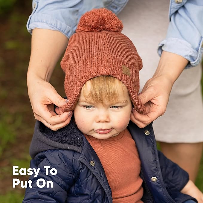 Baby Beanies, Baby Hats for Boys, Girls - Cute Toddler Winter Hat, Soft & Stretchy Beanies for Infant, Newborn 6-36 months, Cozy & Warm with Earflap Muff & Pom (Dune)