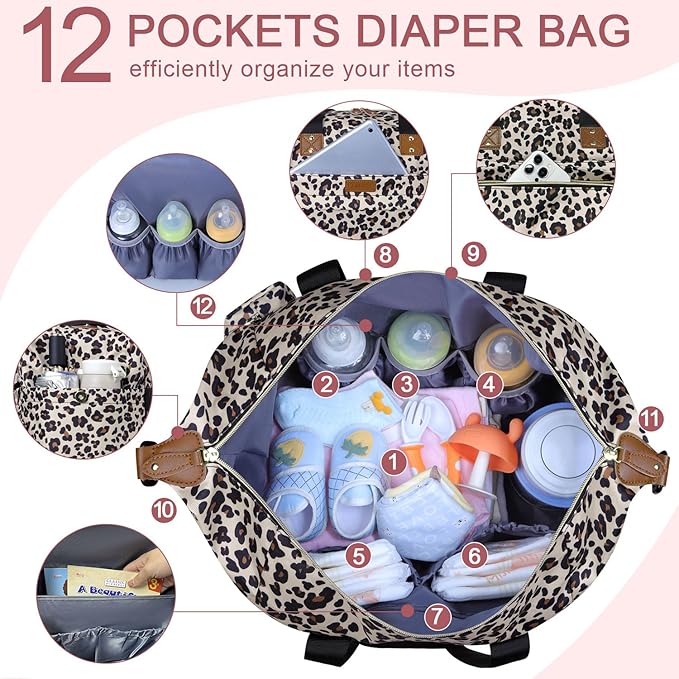 Pritent Diaper Bag Tote - Diaper Baby Bags with Pacifier Case, Shoulder Straps, Stroller Clips, Waterproof Large Mommy Maternity Travel Baby Bag for Mom and Dad, Leopard Print