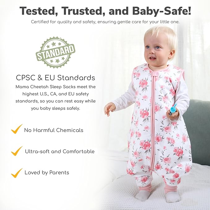 Mama Cheetah Toddler Sleep Sack with Feet 3T-4T, 1.0 TOG Organic Cotton Baby Wearable Blankets with Legs, Baby Sleeping Bag for Walkers, Early Walker Large