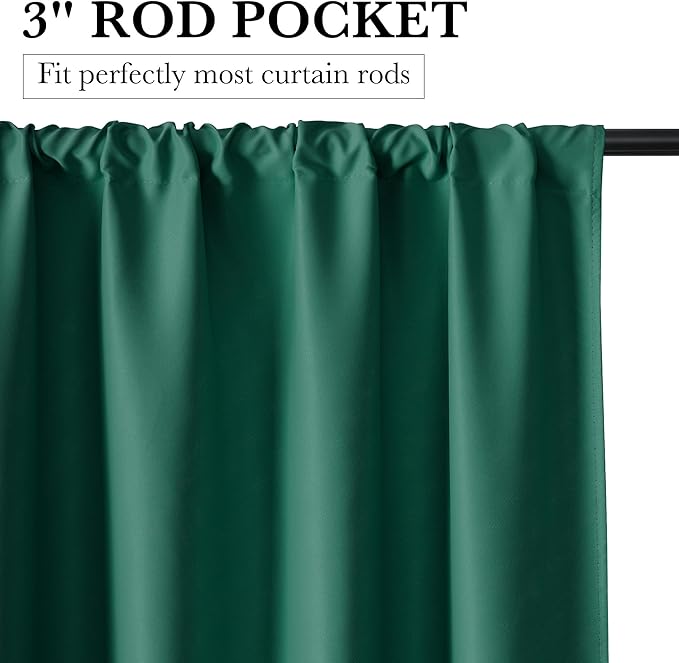 RYB HOME Bedroom Blackout Curtains 72 inches Long, 100% Blackout Thermal Insulated Noise Reducing Curtains for Living Room Nursury, 62 inches Wide by 72 inches Long, Dark Green