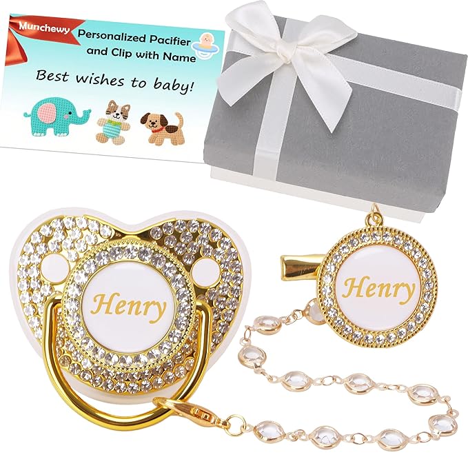 Personalized Pacifier with Name, Customized Pacifier Clip Set with Gift Box, Glitter Crystal Luxurious Soother Dummy Ideal Gift for Boys Girls Baby Shower Newborn Photography(Bling Gold)