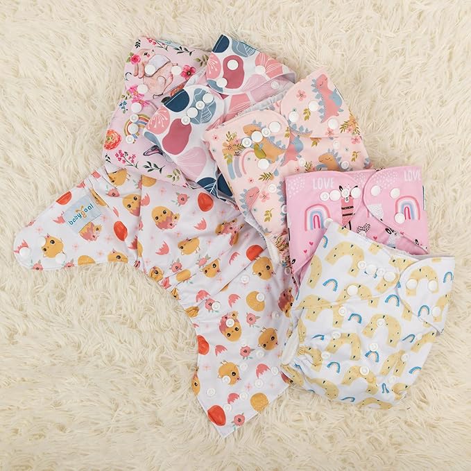 babygoal Reusable Cloth Diapers 6 Pack with 10pcs Inserts, One Size Adjustable Washable Pocket Nappy Covers for Baby Girls and Boys 6FG25