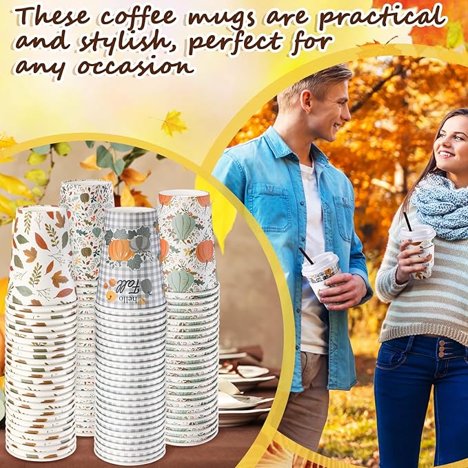 Lallisa 100 Sets Fall Thanksgiving Coffee Cup Bulk with Lid Disposable 12 oz Fall Hot Cups Paper and Sleeves Straws, Autumn Drinking Supplies for Holiday Party(Pumpkin Style)