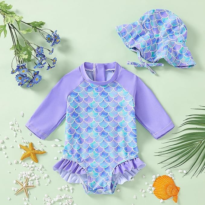 WOLBAY Baby Girl Swimsuit Long Sleeve One Piece Rash Guard with Sun Hat Zipper Bathing Suit Size 0-2T