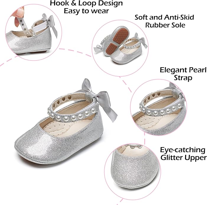 Baby Girls Mary Jane Flats - Infant Newborn Walking Shoes Soft Rubber Sole Princess Wedding