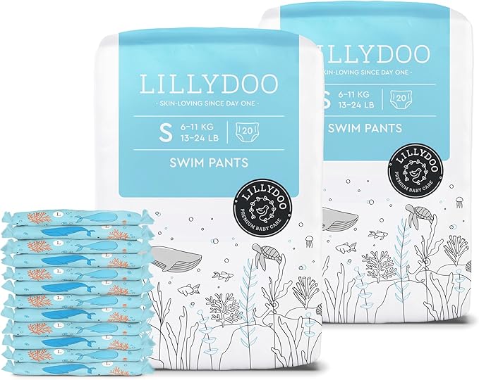 LILLYDOO Baby Swim Diapers - Size Small (13-24 lbs), Half-Monthly Supply (40 Count), Blue Whales Design, Skin-Friendly, Perfume- & Chlorine-Free, Hypoallergenic, Dermatologist Tested, Oeko-TEX®