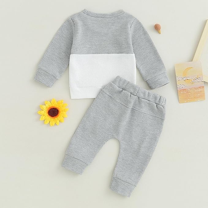 Toddler Baby Boy Fall Clothes Waffle Outfit Long Sleeve Color Blocking Sweatshirt Pullover Jogger Pant Set