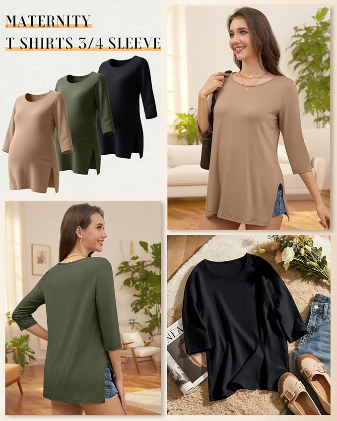 3 Pack Women's 3/4 Sleeve Maternity Shirts Elbow Length Clothes Round Neck Tunics Pregnancy Loose Side Split Tops