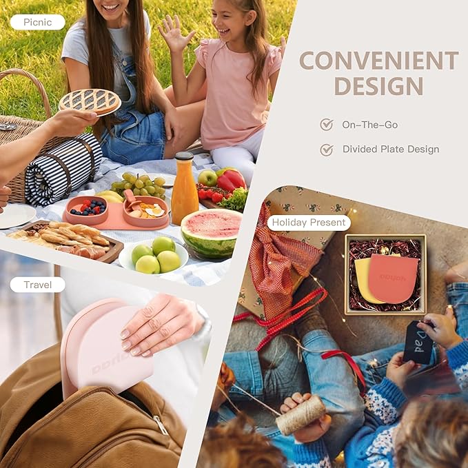 Silicone Foldable Novelty Dinner Plates,Baby Plates Travel Essential with Forks and Spoons,Microwave & Dishwasher Safe,Sage