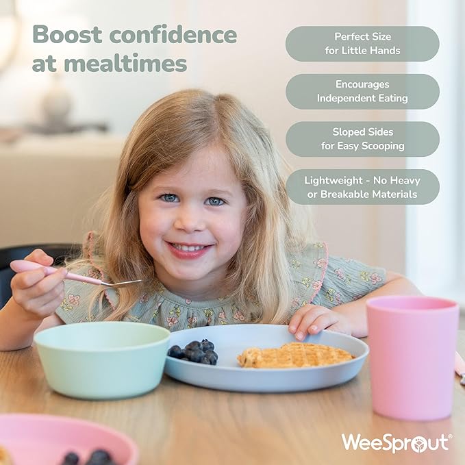WeeSprout Bamboo Plates with Silicone Lids, Set of 4, Kid-Sized Dinnerware, Cereal, Leftovers & Snacks, Dishwasher Safe Melamine Dishware (Pink, Green, Gray, and Beige)