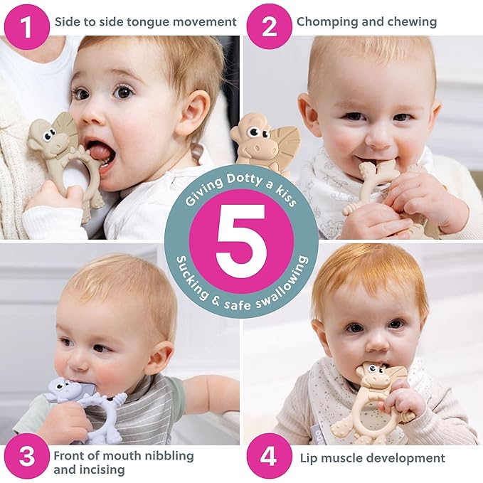 Bibado - Dotty The Dinosaur Teething Toys, Mist - Multi-Sensory Teether - BPA Free Baby Toy - Strengthen Mouth Muscles & Learn Feeding - Dentist Approved - Baby Essentials & Baby Toys - 3 Months+