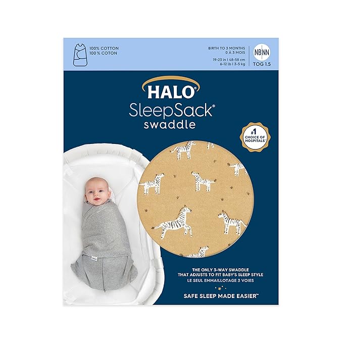 HALO 100% Cotton Sleepsack Swaddle, 3-Way Adjustable Wearable Blanket, TOG 1.5, Serengeti Zebra, Small, 3-6 Months