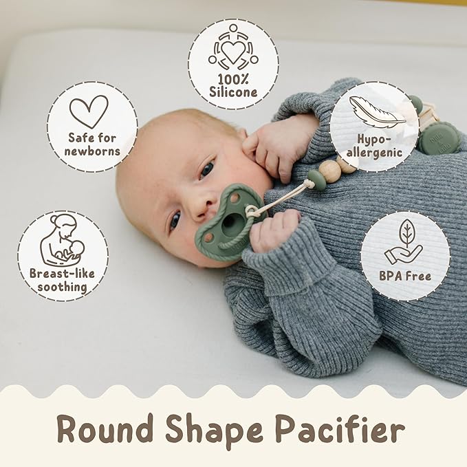 Mila & Lulu Round Shape Silicone Pacifiers (Set of 2); 0 Months and up; 100% Food-Grade Silicone; Ultra-Light Silicone Binkies Set; 1 Piece Design (Olive/Ocean)