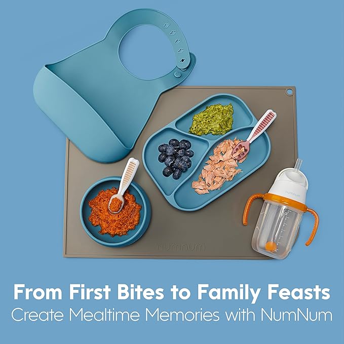 NumNum Baby Spoons Set, Baby Essentials Pre-Spoon GOOtensils for 6+ Months, First Stage Self-Feeding Spoons for Baby Led Weaning (BLW), Silicone Toddler Utensils, BPA-Free, 2 Pack Gray/Green