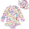 Infant Baby Girl Swimsuit One-Piece Long Sleeve Rash Guard with Hat Set Floral Zipper Bathing Suit Leopard Beach Wear