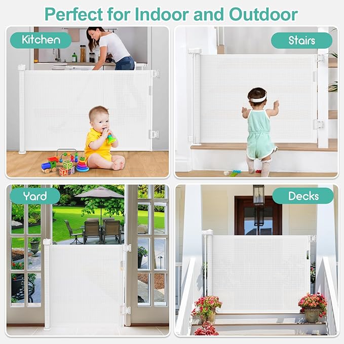 55 inch Retractable Baby Gates, EZIGO Extra Wide Baby Gate for Large Opening Extra Long Mesh Gate for Kids or Pet Dog Gate Child Safety Gate for Stairs Hallways Doorway Indoor Outdoor, White