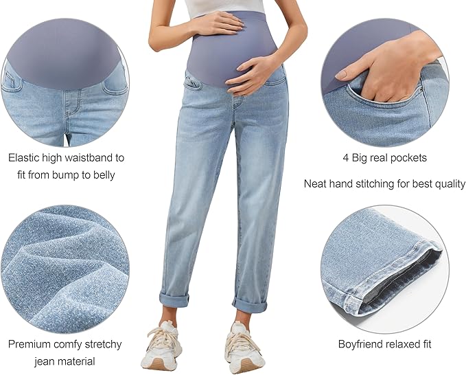 POSHGLAM Women's Maternity Jeans Over Belly Comfy Stretch 28'' Boyfriend Jeans Loose Pregnancy Pants, S-XXL