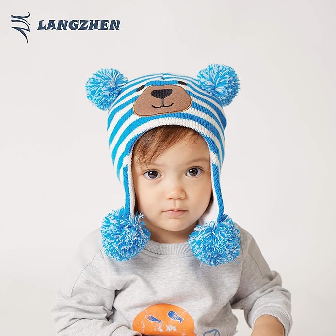 LANGZHEN Toddler Kids Infant Winter Hat,Earflap Knit Warm Cap Fleece Lined Beanie for Baby Boys Girls
