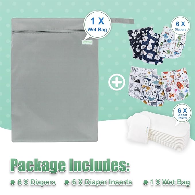 wegreeco Cloth Diapers 6 Pack with 6 Inserts & 1 Wet Bag, Washable Cloth Diapers for Babies, One Size Adjustable Reusable (Cool Animals)