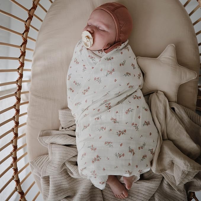mushie Muslin Baby Swaddle Blanket | 100% Organic Cotton (Pink Flowers)