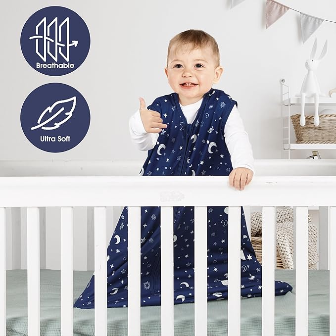 3 Pack Baby Sleep Sack 6-12 Months 100% Rayon Cotton Baby Sleeping Bag 2-Way Zipper Toddler Wearable Blankets Comfy Stretchy Lightweight TOG 0.3 （Purple&Clouds&Starry Sky）