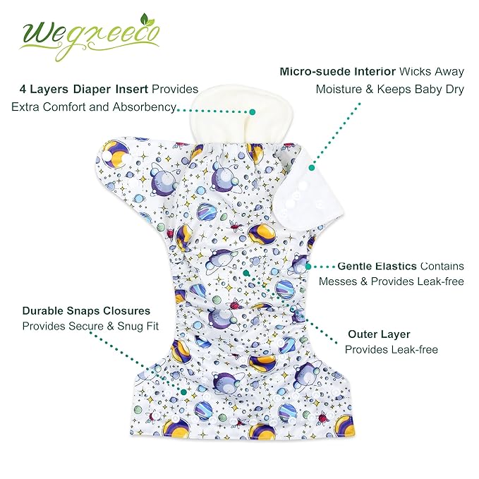 wegreeco Cloth Diapers 6 Pack with 6 Inserts & 1 Wet Bag, Washable Cloth Diapers for Babies, One Size Adjustable Reusable (Fantastic World)
