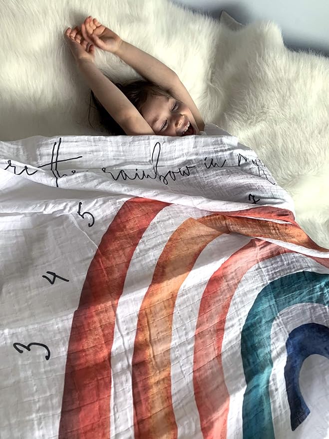 100% Organic Cotton Muslin Monthly Baby Milestone Blanket with Wooden Hello World Newborn Sign, Newborn Photography Props, Birth Announcement Sign, Rainbow