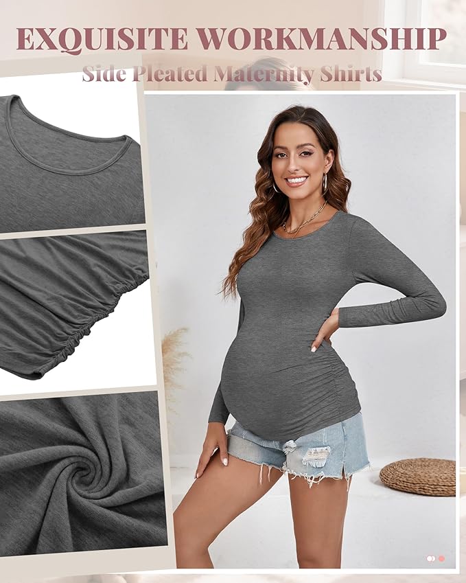 Ficerd 3 Pack Women's Maternity Shirts, Long Sleeve Side Ruched Pregnancy Tee Tops Crew Neck Casual Mama Clothes Basic Tunic