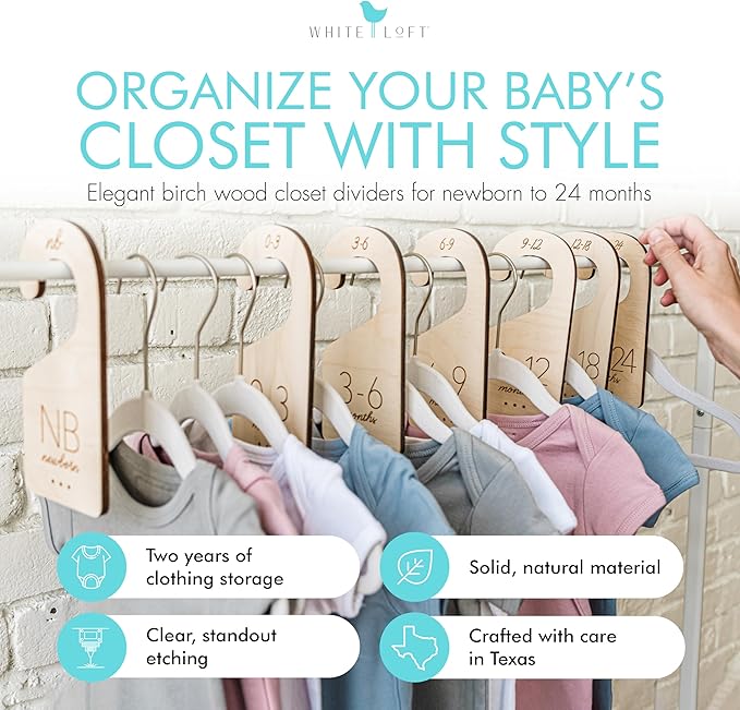 Baby Clothes Dividers for Closet – Wood Size Dividers for Newborn to 24 Months, Nursery Organizer, Large 1in Letter Size (Set of 7)