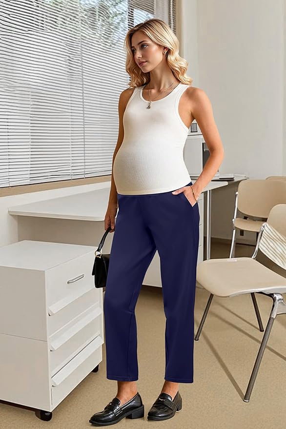 OUGES Womens Stretchy Maternity Over Belly Casual Work Straight Leg Pants Ankle Business Office Trousers with Pockets