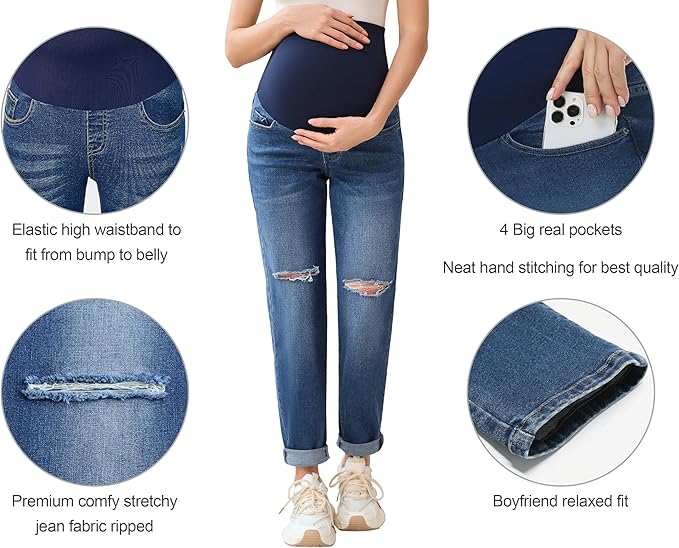 POSHGLAM Women's Maternity Jeans Over Belly Comfy Stretch 28'' Boyfriend Jeans Loose Pregnancy Pants, S-XXL