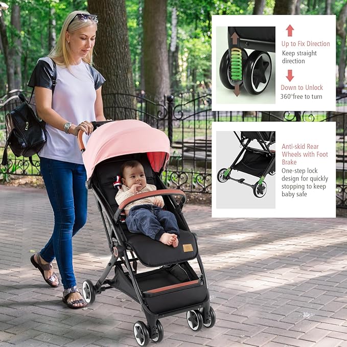 BABY JOY Lightweight Baby Stroller, Compact Toddler Travel Stroller for Airplane with 5-Point Harness, Adjustable Backrest/Footrest/Canopy, Storage Basket, Easy One-Hand Fold (Pink)