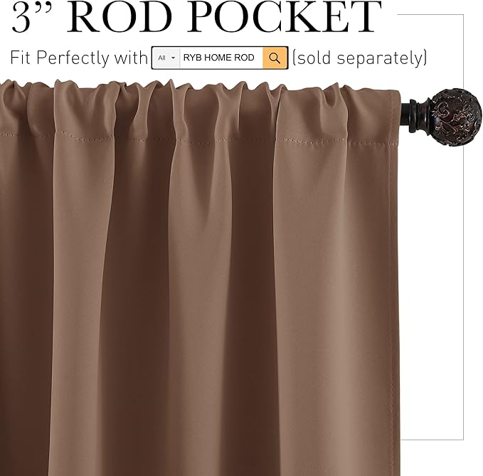 RYB HOME Short Mocha Blackout Curtains for Small Bedroom Window, Insulating UV Blocking Drapes for Kitchen Cafe Basement Garage, Privacy Tiers for Bathroom Window, Width 42 by Length 36, Set of 2