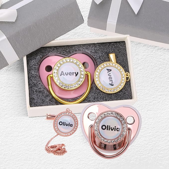 Personalized Pacifier with Name, Custom Pacifier Clip Set with Gift Box, Glitter Crystal Luxurious Bling Soother Dummy Ideal Gift for Baby Boys Girls Birthday Newborn Photography(Gold)