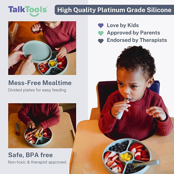 TalkTools Bitsy Feeding Kid's Essentials Plate Set – Toddler Utensils, Spoon and Fork, Lid, Perfect for Mealtime – Strong Suction with 4 Compartments (Plate-Sage)