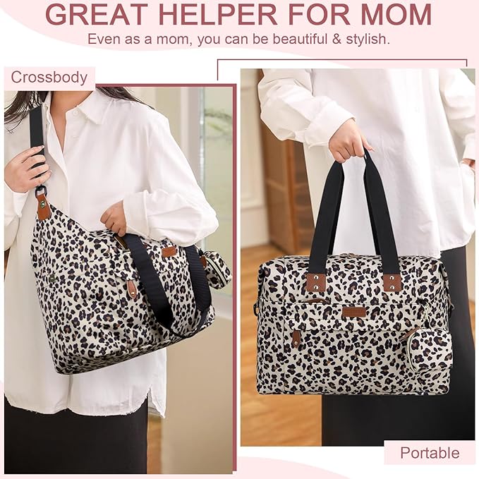 Pritent Diaper Bag Tote - Diaper Baby Bags with Pacifier Case, Shoulder Straps, Stroller Clips, Waterproof Large Mommy Maternity Travel Baby Bag for Mom and Dad, Leopard Print