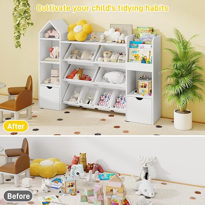 Vabches Kids Toy Organizer with 8 Removable Toy Bins, 4-Tier Toy Storage Organizers W/4 Storage Cubbies, Bookshelf 2 Toy Storage Box on Wheels for Playroom, Kids Room, Nursery Room, White