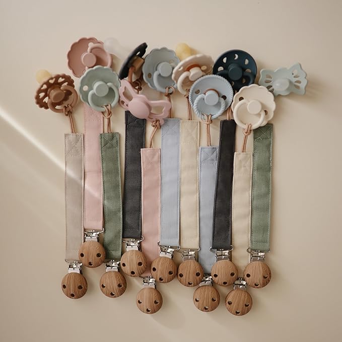 mushie Linen Baby Pacifier Clip Holder | Soft Fabric Strap, 2-Pack (Blush/Cream)