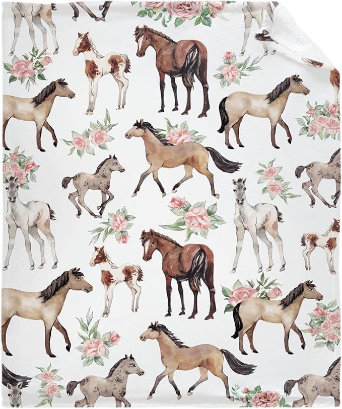 Horse Rose Blanket for Teen Flowers Throw Blanket Gifts for Girls Boys Soft Throws Blankets All Seasons 50×60 Inches for Bed Office