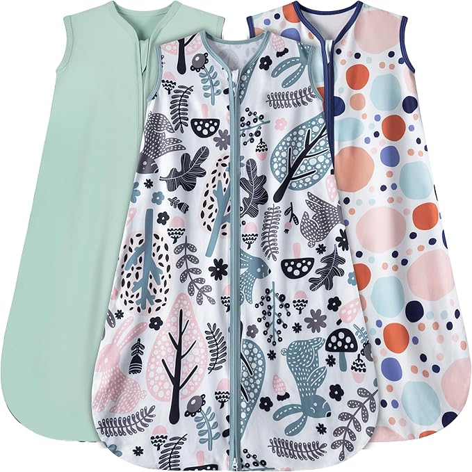 Baby Sleep Sack 18-24 Months 3 Pack Baby Wearable Blanket 100% Rayon Cotton 2-Way Zipper Toddler Sleeping Sack .Comfy Soft Lightweight TOG 0.3 (Rabbit&Rocks&Green)