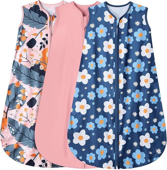3 Pack Baby Sleep Sack 100% Rayon Cotton Baby Sleeping Bag 2-Way Zipper Toddler Wearable Blankets TOG 0.3. (Gerbera&Tulips&Pink, 0-6 Months)