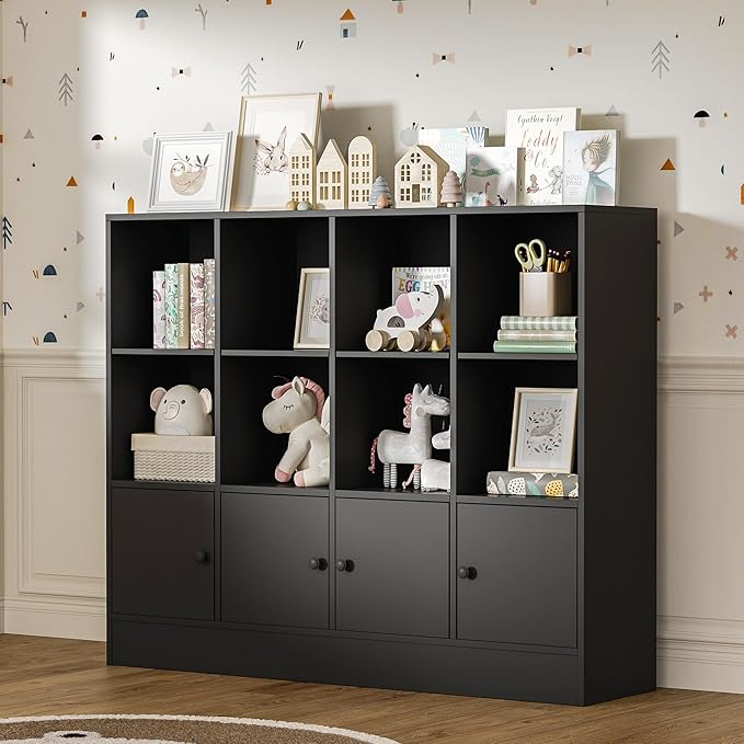 Black Bookshelf, Wood Bookcase with 3 Tier Shelves, 12 Cube Storage Organizer with Doors for Bedroom, Living Room, 47.8" W x 39.1" H
