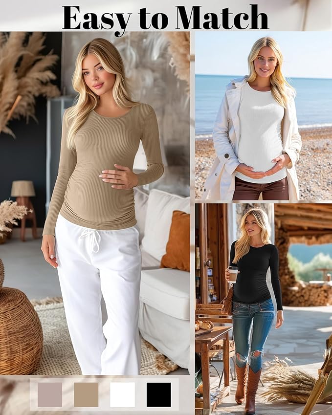 Huukeay 4 Pack Women's Maternity Shirts, Long Sleeve Cotton Ribbed Pregnancy Tops Side Ruched Crew Neck Casual Mama Clothes