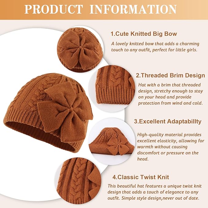 JANGANNSA Winter Warm Knitted Baby Hat for Girls Cotton Lined Infant Toddler Hat Autumn Cute Bow Classic Girls Beanie 0-6Y