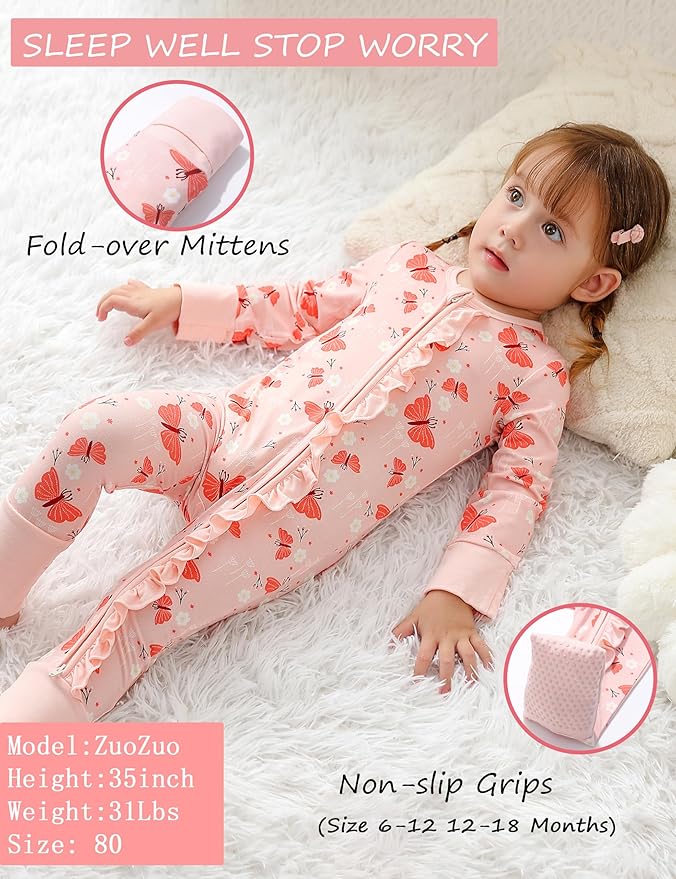 JunNeng Baby Girl Viscose from Bamboo Sleeper with Mitten Cuffs, 2 Way Zipper Romper, Sleep N' Play Pajamas 0-18 Months