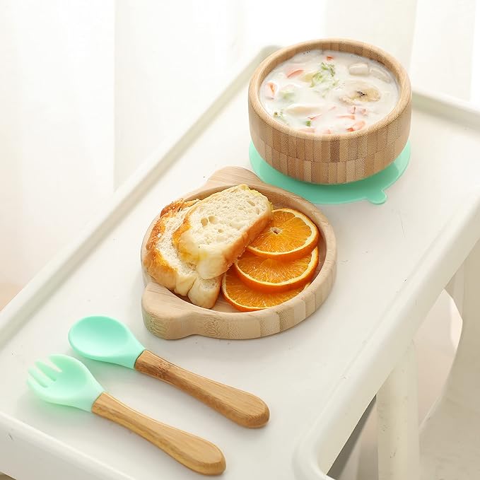 Baby Bowls with Lid,HBM Bamboo Suction Bowls for Baby and Spoon Set,3PC Feeding Supplies Set for Infant, Toddlers,Detachable Silicone Suction Stay Put Base for Wooden Bowl （Mint）