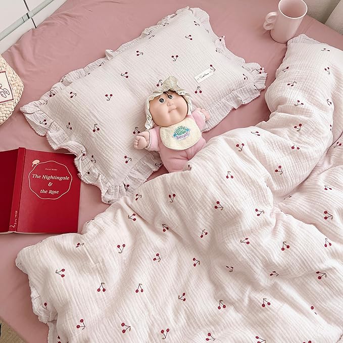 AOJIM Pink Cotton Muslin Kids Toddler Pillowcase Super Soft Baby Crib Bedding Pillowcase with Ruffle Edges Machine Washable Cherry Nursery Pillowcase for Boys Girls, Durable Kids Pillow Cover, 14x20''