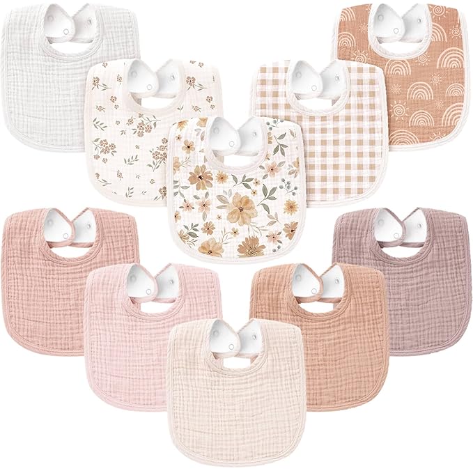 Konssy 10-Pack Muslin Baby Bibs, Soft Cotton Bandana Bibs for Drooling & Teething, Unisex Solid Colors for Boys & Girls, Newborn & Infant
