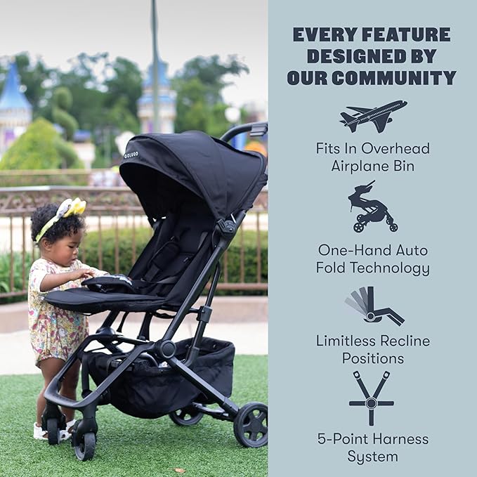 Colugo Compact Stroller+ Lightweight Foldable Travel Stroller for Airplane, Baby Toddlers & Infants with New One-Hand Fold, Reclining Seat, Rain Cover, Carry Backpack & Cup Holder (Black)