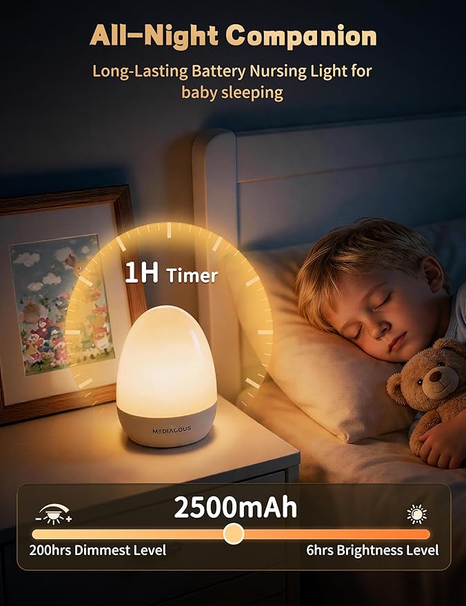 MediAcous Night Lights for Kids Room, Egg Light for Nursery with Stable Charging Pad, Dimmable Baby Night Light with 1H Timer & Touch Control, ABS+PC LED Egg Night Light for Breastfeeding, Up to 200H